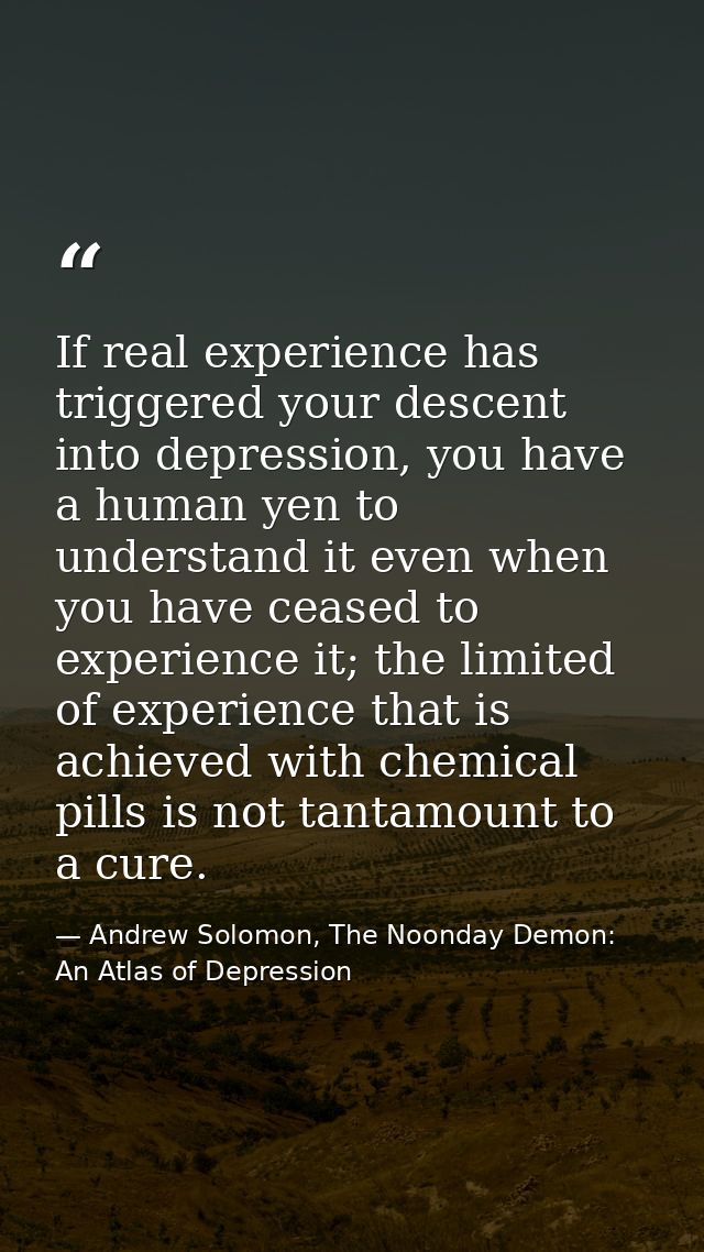 If real experience has triggered your descent into depression, you have a human yen to understand it even when you have  — Andrew Solomon, The Noonday Demon: An Atlas of Depression