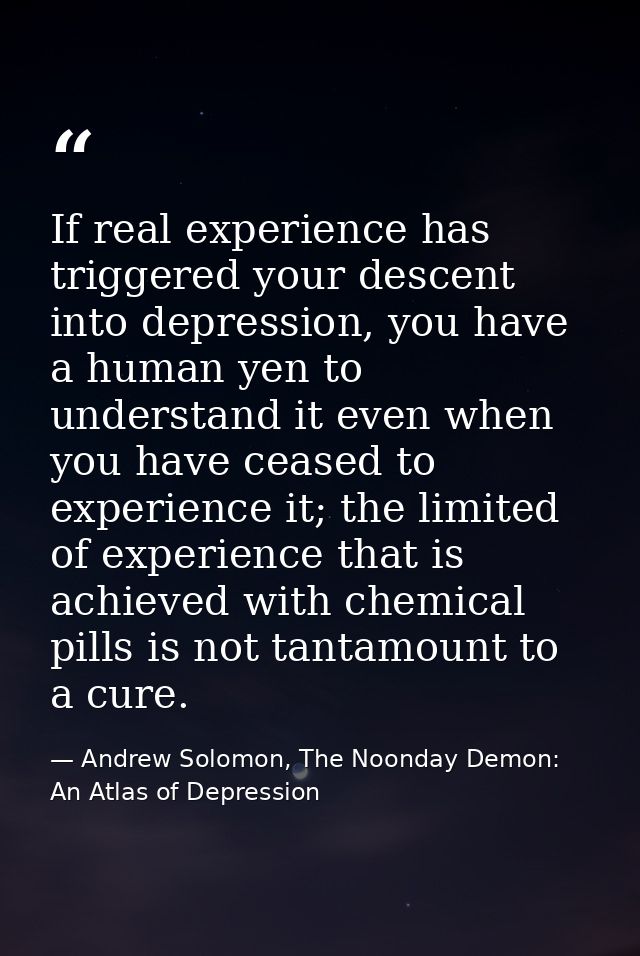 If real experience has triggered your descent into depression, you have a human yen to understand it even when you have  — Andrew Solomon, The Noonday Demon: An Atlas of Depression