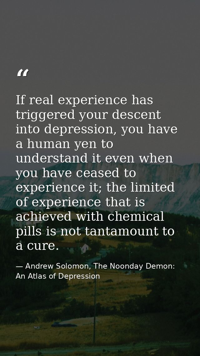 If real experience has triggered your descent into depression, you have a human yen to understand it even when you have  — Andrew Solomon, The Noonday Demon: An Atlas of Depression