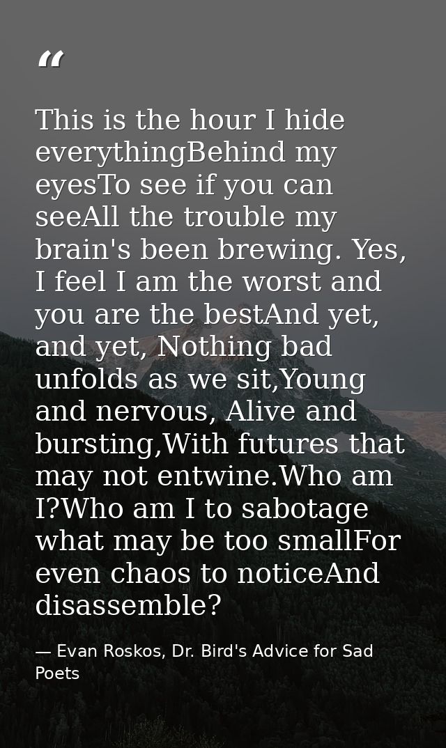 This is the hour I hide everythingBehind my eyesTo see if you can seeAll the trouble my brain's been brewing. Yes, I fee — Evan Roskos, Dr. Bird's Advice for Sad Poets