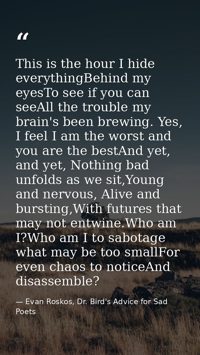 This is the hour I hide everythingBehind my eyesTo see if you can seeAll the trouble my brain's been brewing. Yes, I fee — Evan Roskos, Dr. Bird's Advice for Sad Poets
