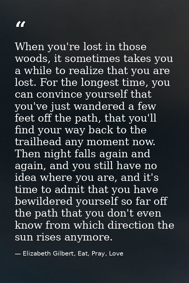 When you're lost in those woods, it sometimes takes you a while to realize that you are lost. For the longest time, you  — Elizabeth Gilbert, Eat, Pray, Love
