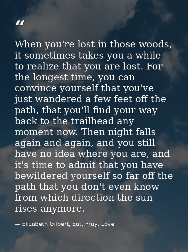 When you're lost in those woods, it sometimes takes you a while to realize that you are lost. For the longest time, you  — Elizabeth Gilbert, Eat, Pray, Love