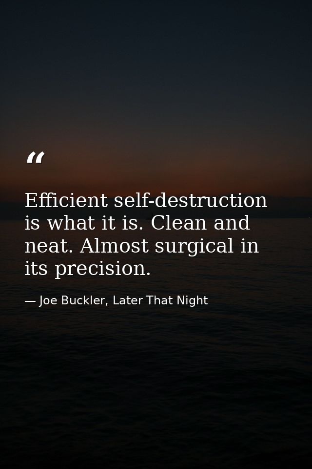 Efficient self-destruction is what it is. Clean and neat. Almost surgical in its precision. — Joe Buckler, Later That Night