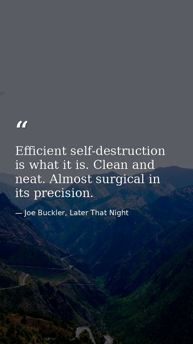 Efficient self-destruction is what it is. Clean and neat. Almost surgical in its precision. — Joe Buckler, Later That Night