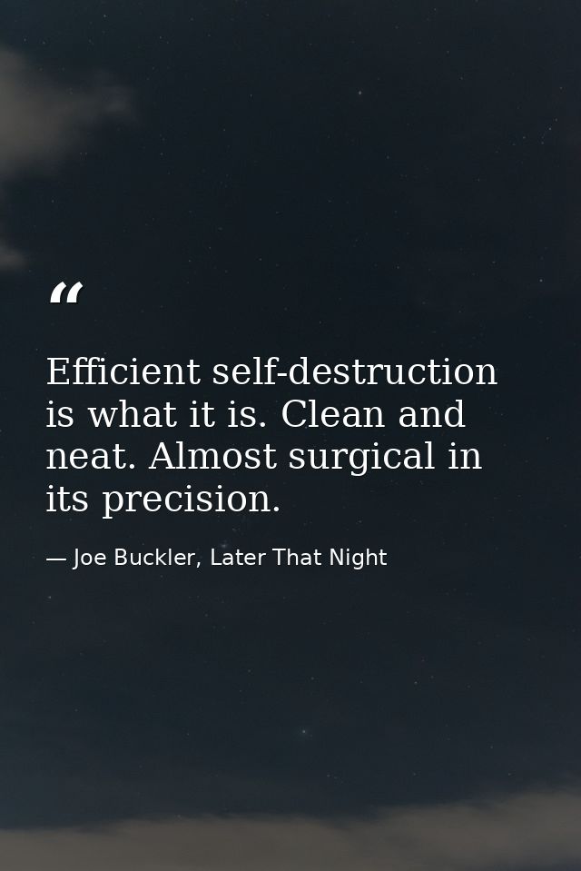 Efficient self-destruction is what it is. Clean and neat. Almost surgical in its precision. — Joe Buckler, Later That Night