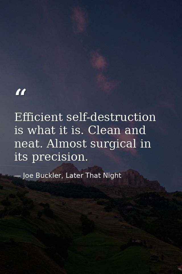 Efficient self-destruction is what it is. Clean and neat. Almost surgical in its precision. — Joe Buckler, Later That Night