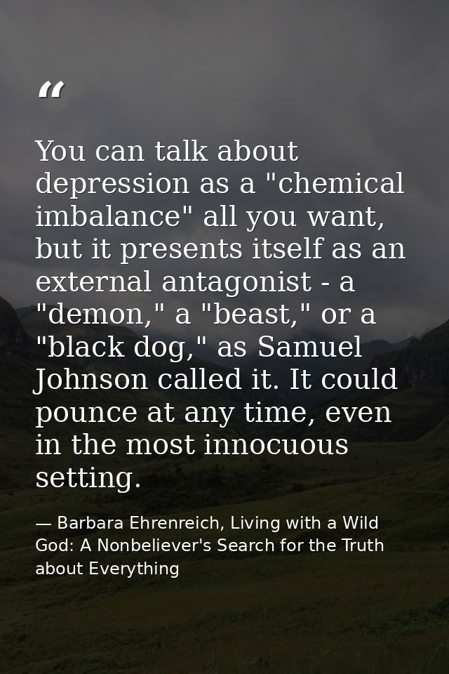 You can talk about depression as a "chemical imbalance" all you want, but it presents itself as an external antagonist - — Barbara Ehrenreich, Living with a Wild God: A Nonbeliever's Search for the Truth about Everything