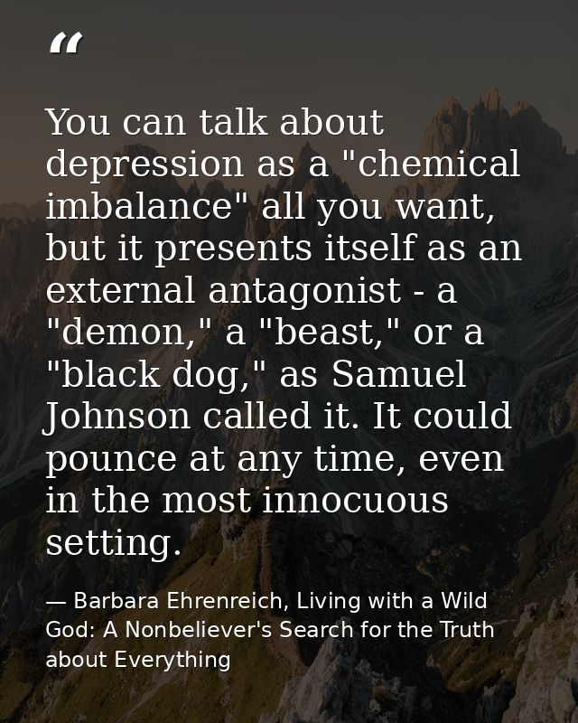 You can talk about depression as a "chemical imbalance" all you want, but it presents itself as an external antagonist - — Barbara Ehrenreich, Living with a Wild God: A Nonbeliever's Search for the Truth about Everything