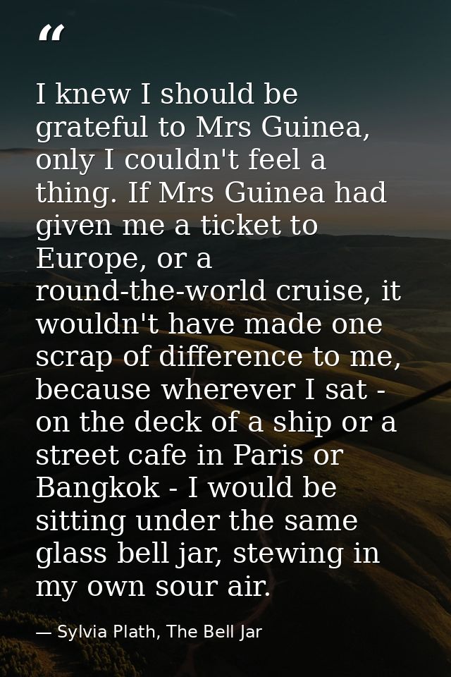 I knew I should be grateful to Mrs Guinea, only I couldn't feel a thing. If Mrs Guinea had given me a ticket to Europe,  — Sylvia Plath, The Bell Jar