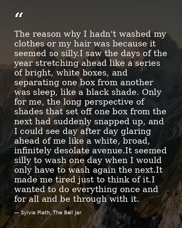 The reason why I hadn't washed my clothes or my hair was because it seemed so silly.I saw the days of the year stretchin — Sylvia Plath, The Bell Jar