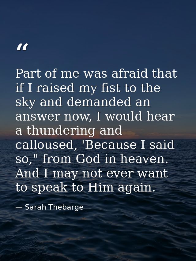 Part of me was afraid that if I raised my fist to the sky and demanded an answer now, I would hear a thundering and call — Sarah Thebarge