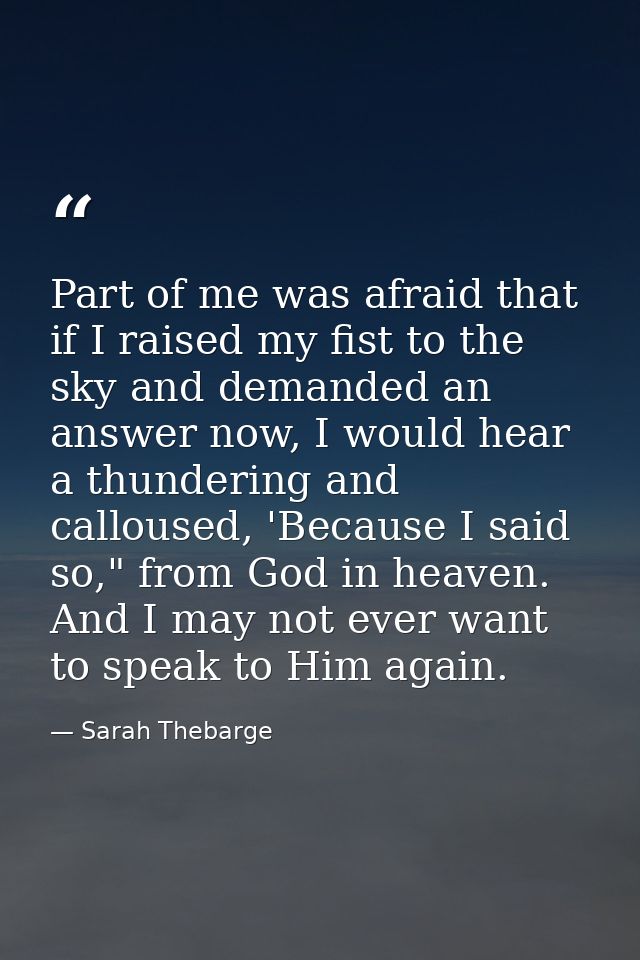 Part of me was afraid that if I raised my fist to the sky and demanded an answer now, I would hear a thundering and call — Sarah Thebarge