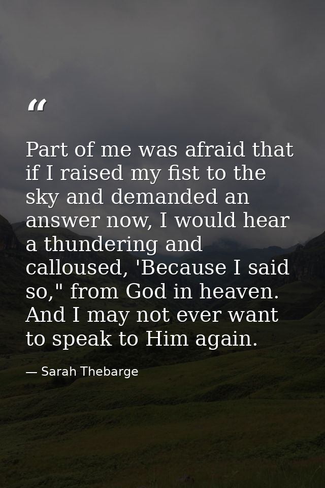 Part of me was afraid that if I raised my fist to the sky and demanded an answer now, I would hear a thundering and call — Sarah Thebarge