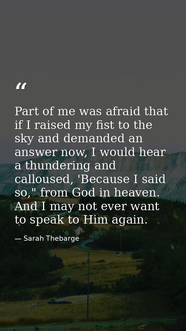 Part of me was afraid that if I raised my fist to the sky and demanded an answer now, I would hear a thundering and call — Sarah Thebarge
