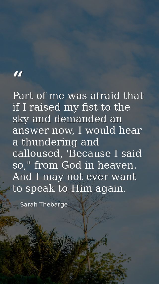 Part of me was afraid that if I raised my fist to the sky and demanded an answer now, I would hear a thundering and call — Sarah Thebarge
