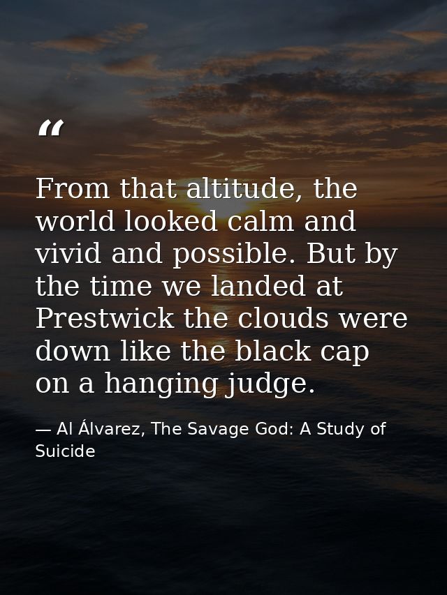 From that altitude, the world looked calm and vivid and possible. But by the time we landed at Prestwick the clouds were — Al Álvarez, The Savage God: A Study of Suicide