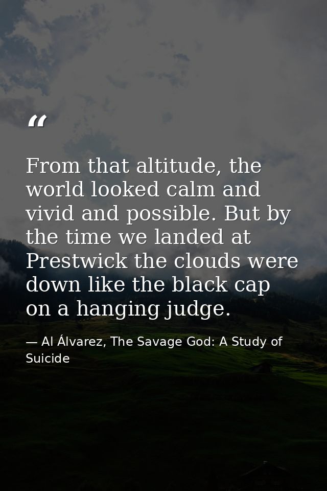 From that altitude, the world looked calm and vivid and possible. But by the time we landed at Prestwick the clouds were — Al Álvarez, The Savage God: A Study of Suicide