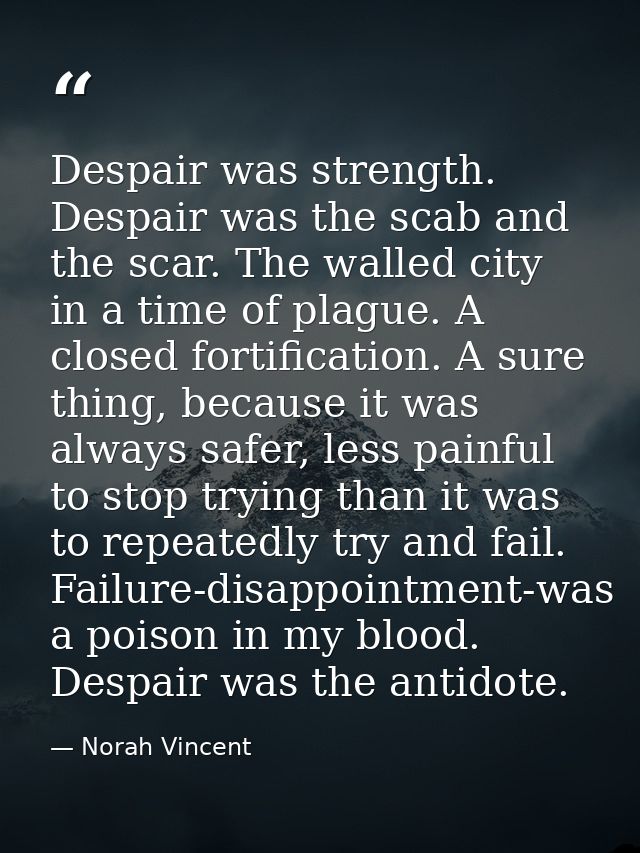 Despair was strength. Despair was the scab and the scar. The walled city in a time of plague. A closed fortification. A  — Norah Vincent