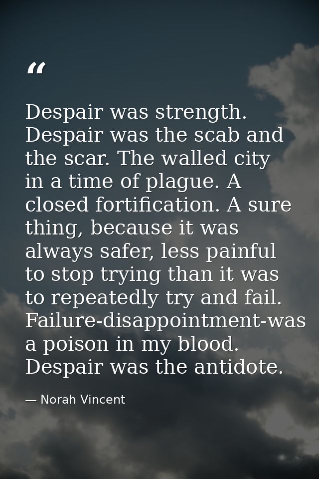 Despair was strength. Despair was the scab and the scar. The walled city in a time of plague. A closed fortification. A  — Norah Vincent