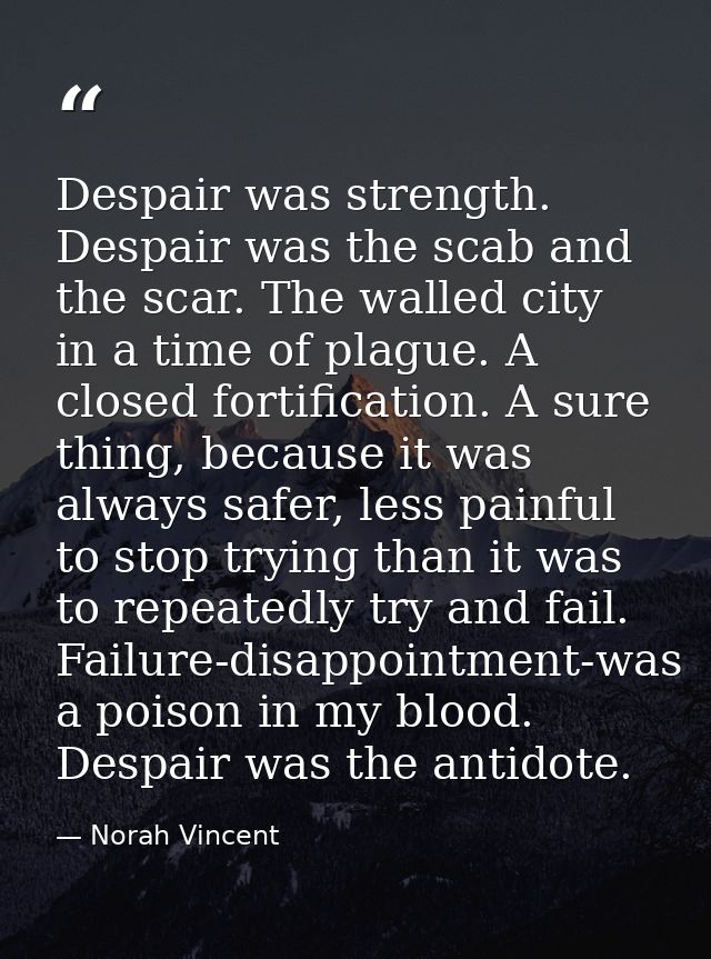 Despair was strength. Despair was the scab and the scar. The walled city in a time of plague. A closed fortification. A  — Norah Vincent