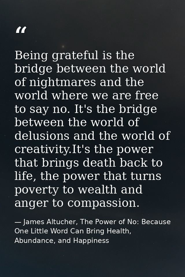 Being grateful is the bridge between the world of nightmares and the world where we are free to say no. It's the bridge  — James Altucher, The Power of No: Because One Little Word Can Bring Health, Abundance, and Happiness