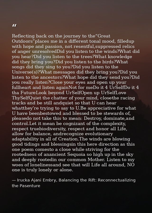 Reflecting back on the journey to the“Great Outdoors”places me in a different tonal mood, filledup with hope and passion — Irucka Ajani Embry, Balancing the Rift: Reconnectualizing the Pasenture