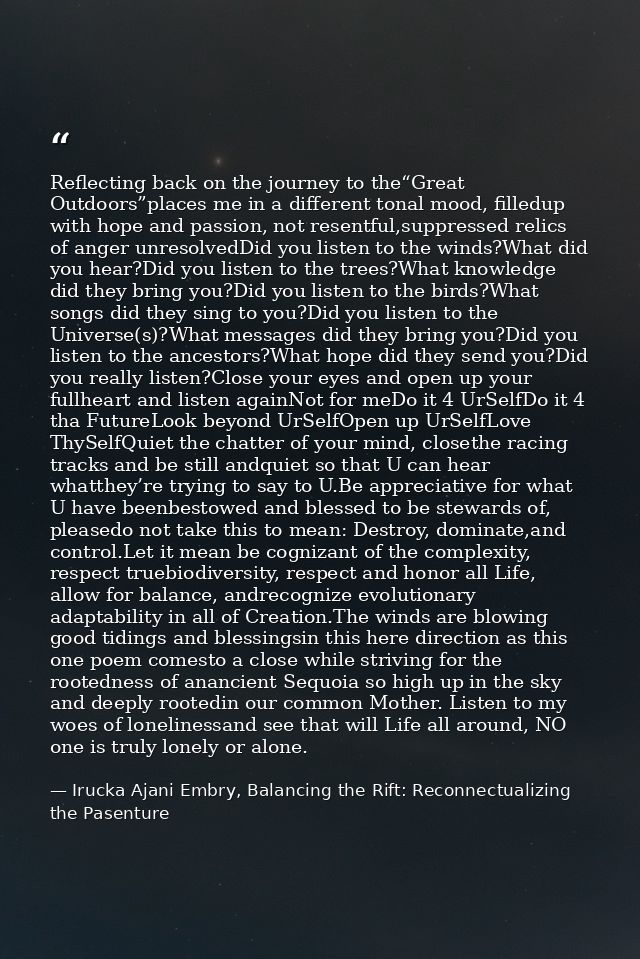 Reflecting back on the journey to the“Great Outdoors”places me in a different tonal mood, filledup with hope and passion — Irucka Ajani Embry, Balancing the Rift: Reconnectualizing the Pasenture