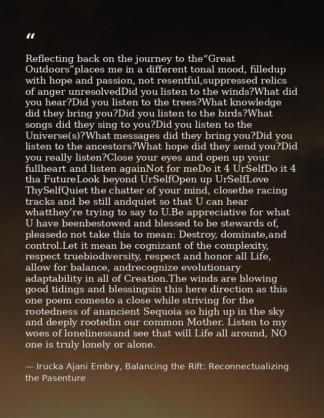 Reflecting back on the journey to the“Great Outdoors”places me in a different tonal mood, filledup with hope and passion — Irucka Ajani Embry, Balancing the Rift: Reconnectualizing the Pasenture