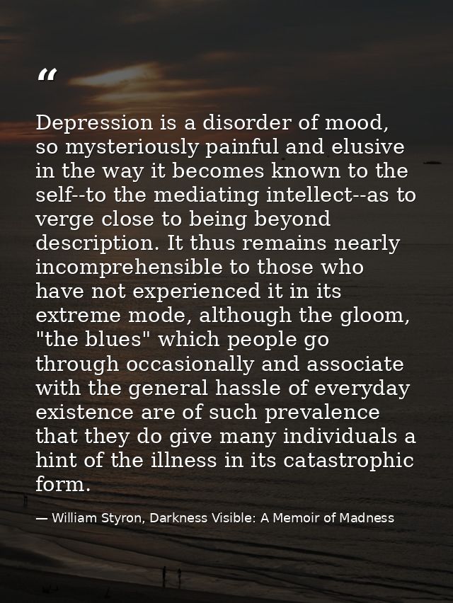 Depression is a disorder of mood, so mysteriously painful and elusive in the way it becomes known to the self--to the me — William Styron, Darkness Visible: A Memoir of Madness