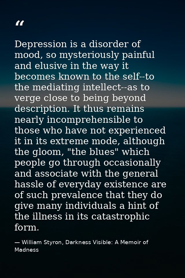 Depression is a disorder of mood, so mysteriously painful and elusive in the way it becomes known to the self--to the me — William Styron, Darkness Visible: A Memoir of Madness