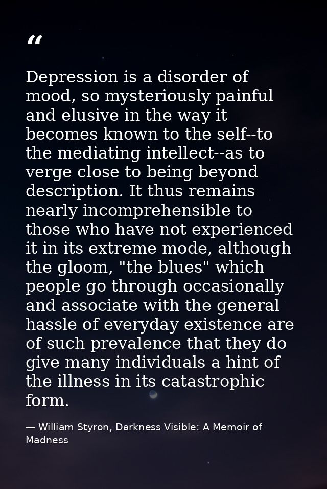 Depression is a disorder of mood, so mysteriously painful and elusive in the way it becomes known to the self--to the me — William Styron, Darkness Visible: A Memoir of Madness