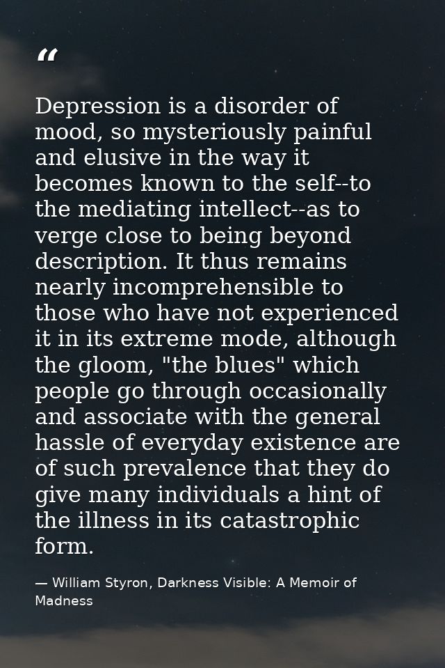Depression is a disorder of mood, so mysteriously painful and elusive in the way it becomes known to the self--to the me — William Styron, Darkness Visible: A Memoir of Madness