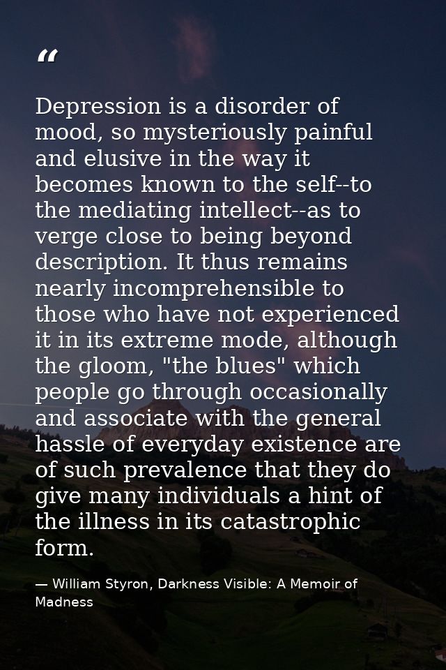 Depression is a disorder of mood, so mysteriously painful and elusive in the way it becomes known to the self--to the me — William Styron, Darkness Visible: A Memoir of Madness