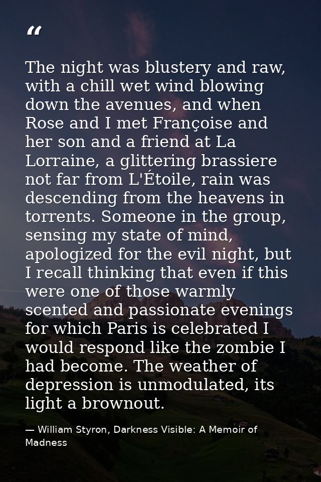 The night was blustery and raw, with a chill wet wind blowing down the avenues, and when Rose and I met Françoise and he — William Styron, Darkness Visible: A Memoir of Madness