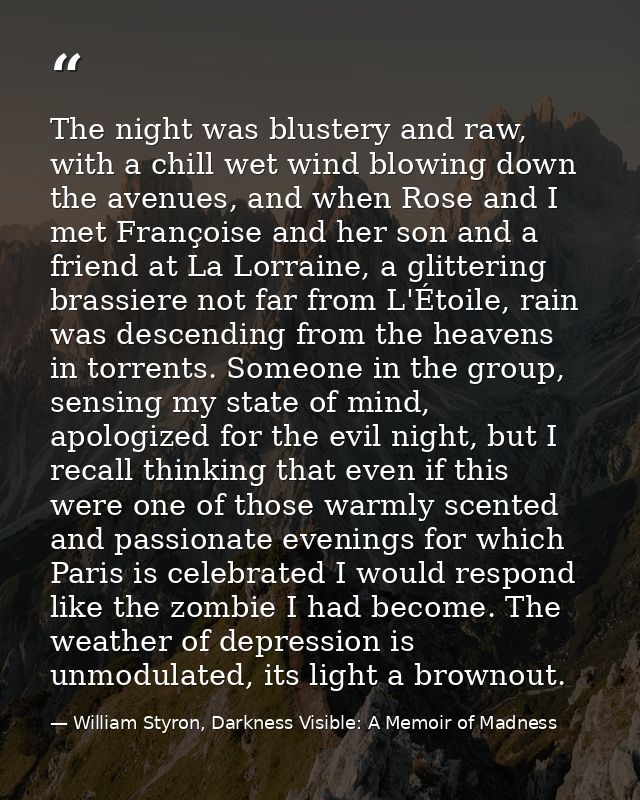 The night was blustery and raw, with a chill wet wind blowing down the avenues, and when Rose and I met Françoise and he — William Styron, Darkness Visible: A Memoir of Madness