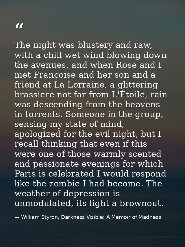 The night was blustery and raw, with a chill wet wind blowing down the avenues, and when Rose and I met Françoise and he — William Styron, Darkness Visible: A Memoir of Madness