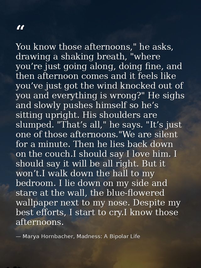 You know those afternoons," he asks, drawing a shaking breath, "where you’re just going along, doing fine, and then afte — Marya Hornbacher, Madness: A Bipolar Life