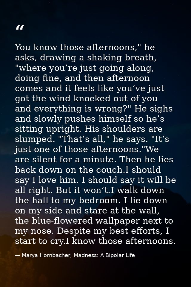 You know those afternoons," he asks, drawing a shaking breath, "where you’re just going along, doing fine, and then afte — Marya Hornbacher, Madness: A Bipolar Life