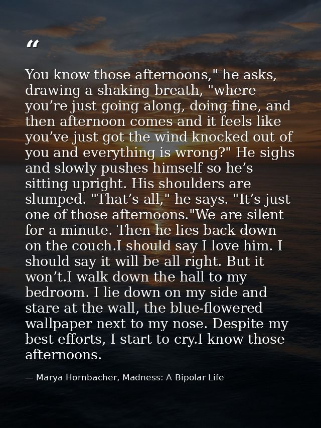 You know those afternoons," he asks, drawing a shaking breath, "where you’re just going along, doing fine, and then afte — Marya Hornbacher, Madness: A Bipolar Life