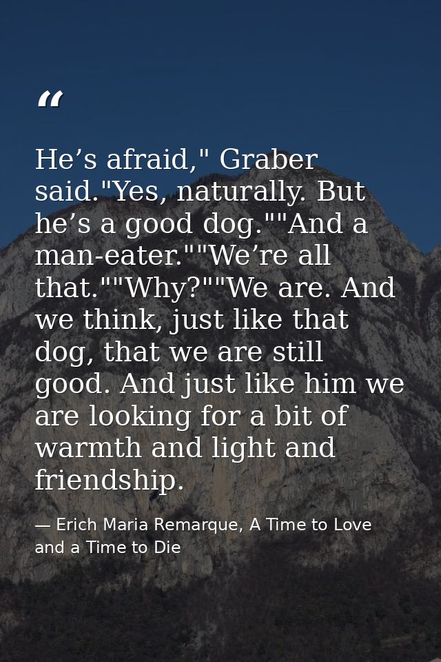 He’s afraid," Graber said."Yes, naturally. But he’s a good dog.""And a man-eater.""We’re all that.""Why?""We are. And we — Erich Maria Remarque, A Time to Love and a Time to Die