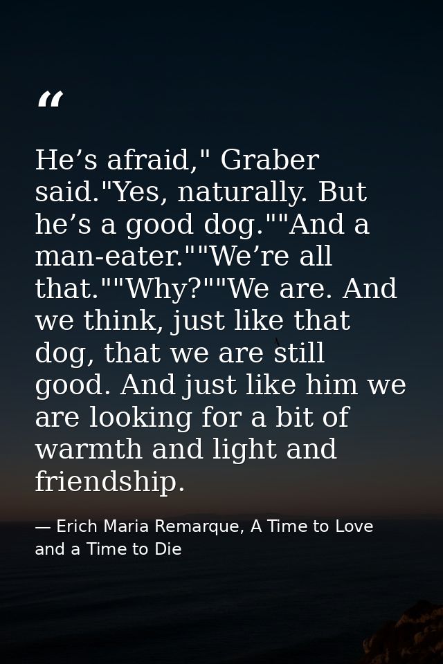 He’s afraid," Graber said."Yes, naturally. But he’s a good dog.""And a man-eater.""We’re all that.""Why?""We are. And we — Erich Maria Remarque, A Time to Love and a Time to Die