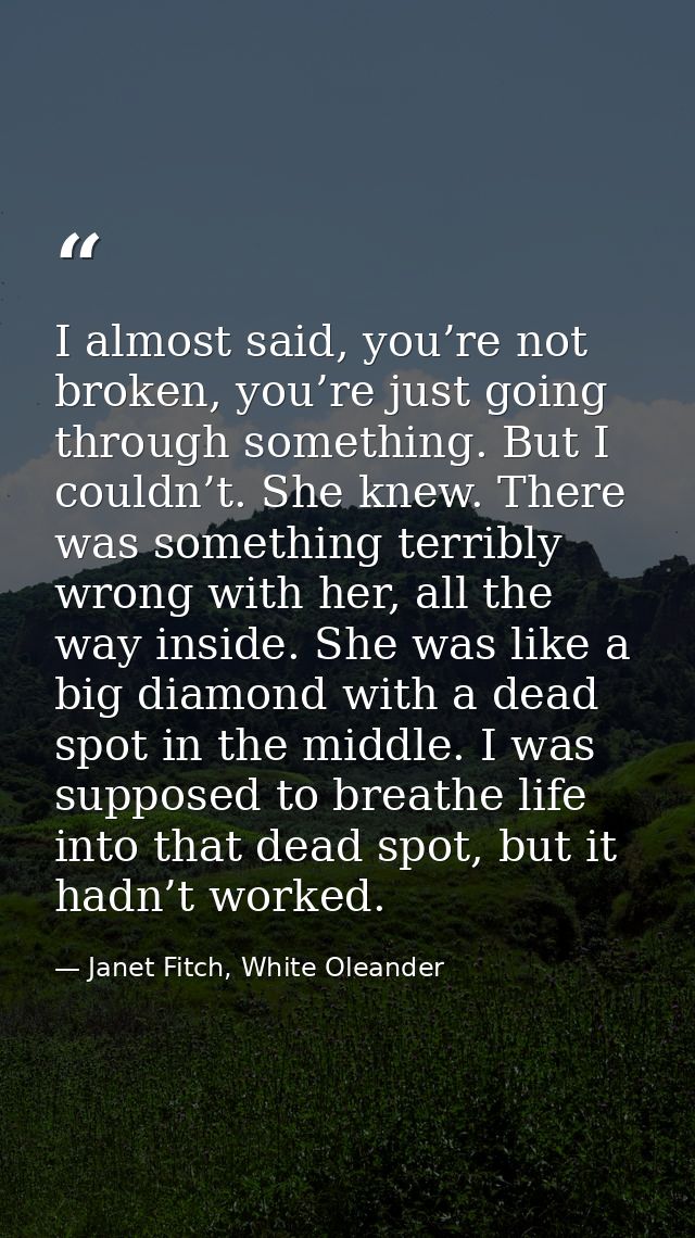 I almost said, you’re not broken, you’re just going through something. But I couldn’t. She knew. There was something ter — Janet Fitch, White Oleander