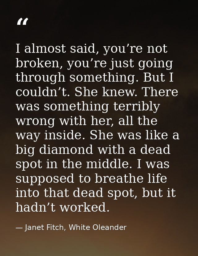 I almost said, you’re not broken, you’re just going through something. But I couldn’t. She knew. There was something ter — Janet Fitch, White Oleander