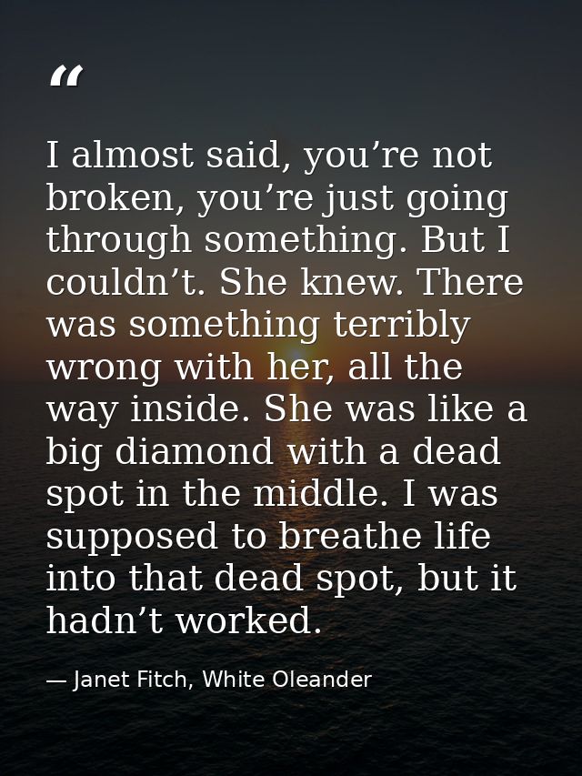 I almost said, you’re not broken, you’re just going through something. But I couldn’t. She knew. There was something ter — Janet Fitch, White Oleander