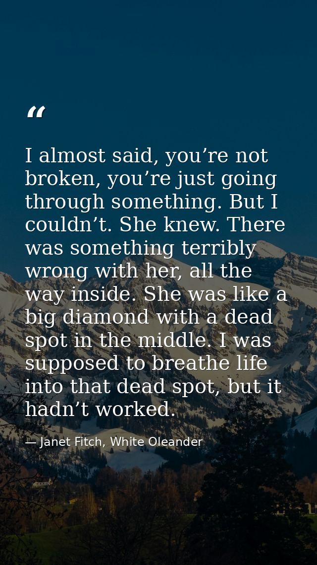 I almost said, you’re not broken, you’re just going through something. But I couldn’t. She knew. There was something ter — Janet Fitch, White Oleander