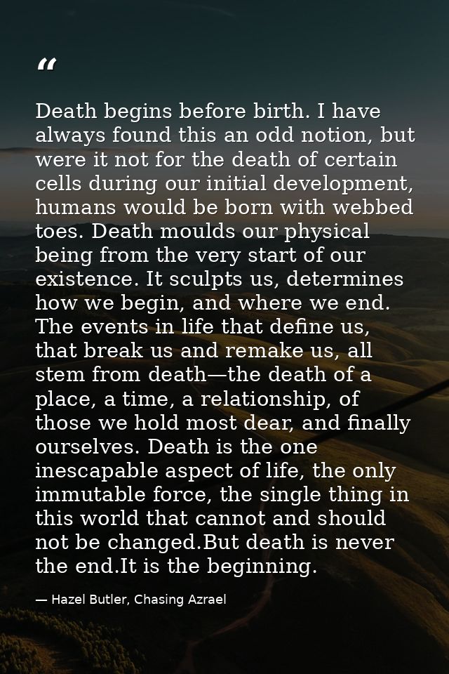 Death begins before birth. I have always found this an odd notion, but were it not for the death of certain cells during — Hazel Butler, Chasing Azrael