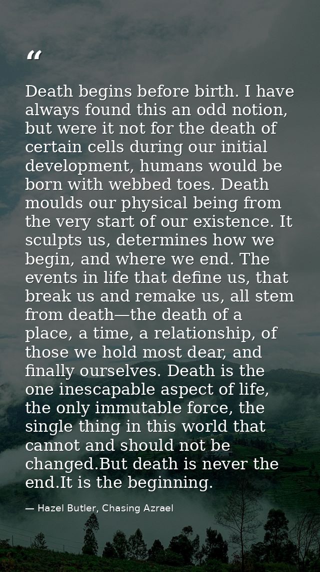 Death begins before birth. I have always found this an odd notion, but were it not for the death of certain cells during — Hazel Butler, Chasing Azrael