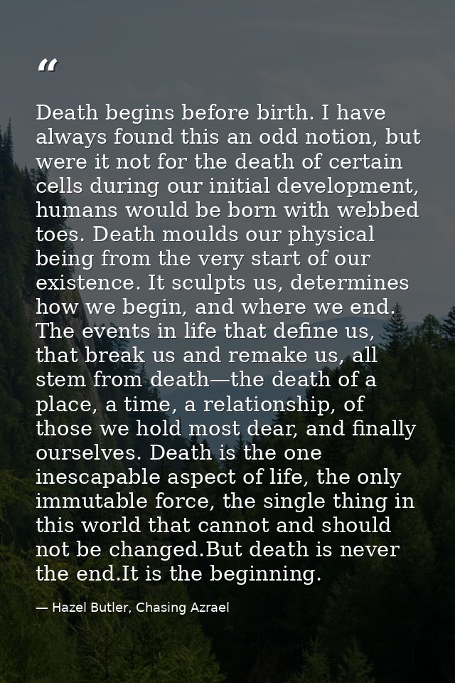Death begins before birth. I have always found this an odd notion, but were it not for the death of certain cells during — Hazel Butler, Chasing Azrael