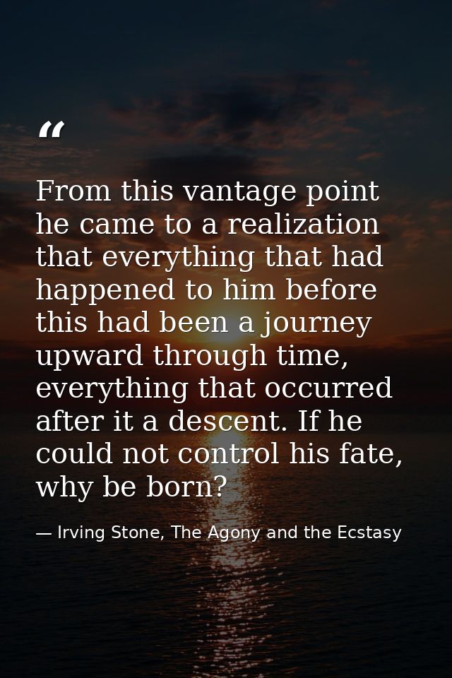 From this vantage point he came to a realization that everything that had happened to him before this had been a journey — Irving Stone, The Agony and the Ecstasy